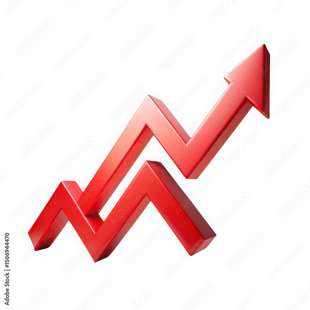 Poster red upward arrow showing growth and progress on a black isolated transparent background