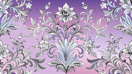 A seamless pattern featuring ornate silver floral designs and delicate pink flowers gracefully arranged over a pale pink and **lav