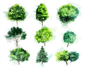 Fototapeta premium Watercolor illustrations of nine different green trees, viewed from above and the side, with varying shapes and foliage density.