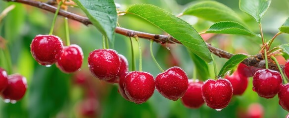 Obraz premium The fresh cherries glistening with raindrops on a summer's day.