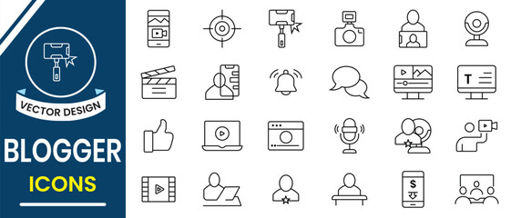 Blogger, blogging icon set collection. Outline icon of blogger vector sign and symbol. Web related icon such as like, bell, notification, message, microphone icon. Vector illustration.