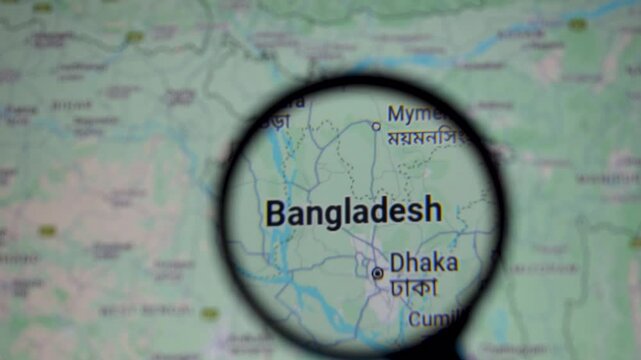 Mumbai, India - 27 May 2025, Video of map of Bangladesh through magnifying glass. Earth, physical, political, bangla, east pakistan, partition, prime minister, exile, trade, dialogues, saarc, bimstec 