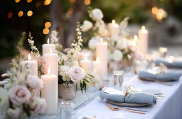Elegant table setting with candles, white flowers, and soft lighting, creating a romantic and sophisticated outdoor dining atmosphere.
