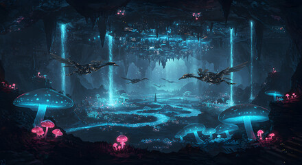 Enchanted Cave Glowing River, Mystical Dragons, and Luminescent Flora