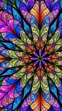 Vibrant floral stained glass pattern art, with colorful symmetrical shapes, petal design, and intricate linear elements creating eye-catching imagery.