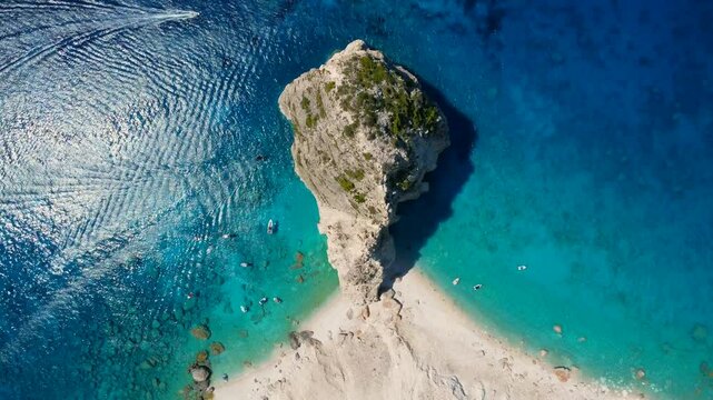 Aerial Top Down view of the Mizithres rock formation in Ionian sea Keri Zakynthos island in Greece