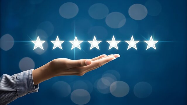 A hand presenting glowing stars representing excellent customer satisfaction and positive feedback on blue background