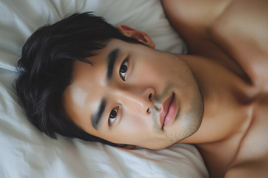 Asian man comfortable in bed