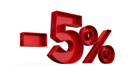 Red number -5% or Minus Five Percentage isolated on white background with shadow. 3d illustration