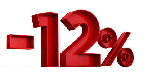 Red number -12% or Minus Twelve Percentage isolated on white background with shadow. 3d illustration