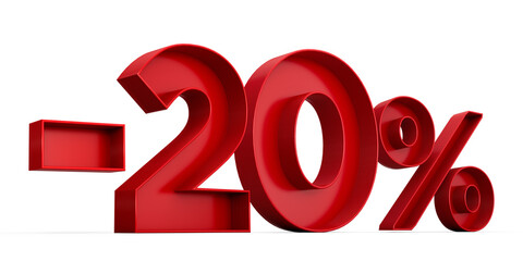 Red number -20% or Minus Twenty Percentage isolated on white background with shadow. 3d illustration