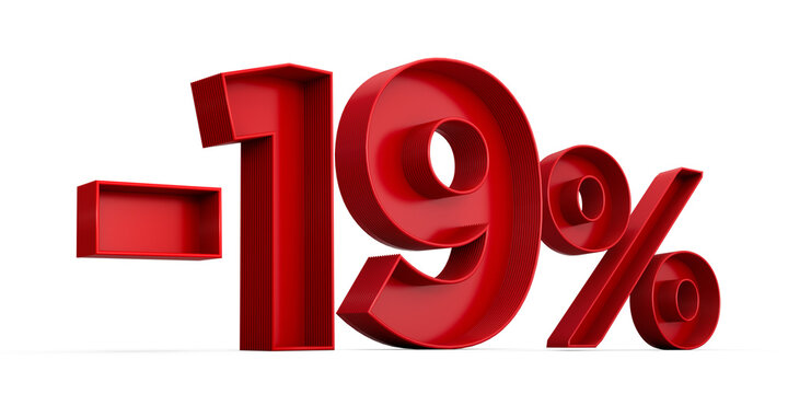 Red number -19% or Minus Nineteen Percentage isolated on white background with shadow. 3d illustration