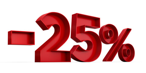 Red number -25% or Minus Twenty Five Percentage isolated on white background with shadow. 3d illustration