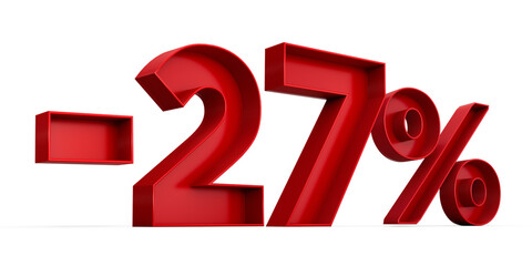 Red number -27% or Minus Twenty Seven Percentage isolated on white background with shadow. 3d illustration
