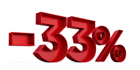 Red number -33% or Minus Thirty Three Percentage isolated on white background with shadow. 3d illustration