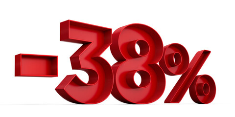 Red number -38% or Minus Thirty Eight Percentage isolated on white background with shadow. 3d illustration