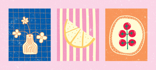 Set of Hand Drawn Fruit and Flower Illustrations – Vintage Style Minimal Posters with Grunge Texture. Includes lemon, tomato, and floral vase in pastel backgrounds with textured grunge finish.
