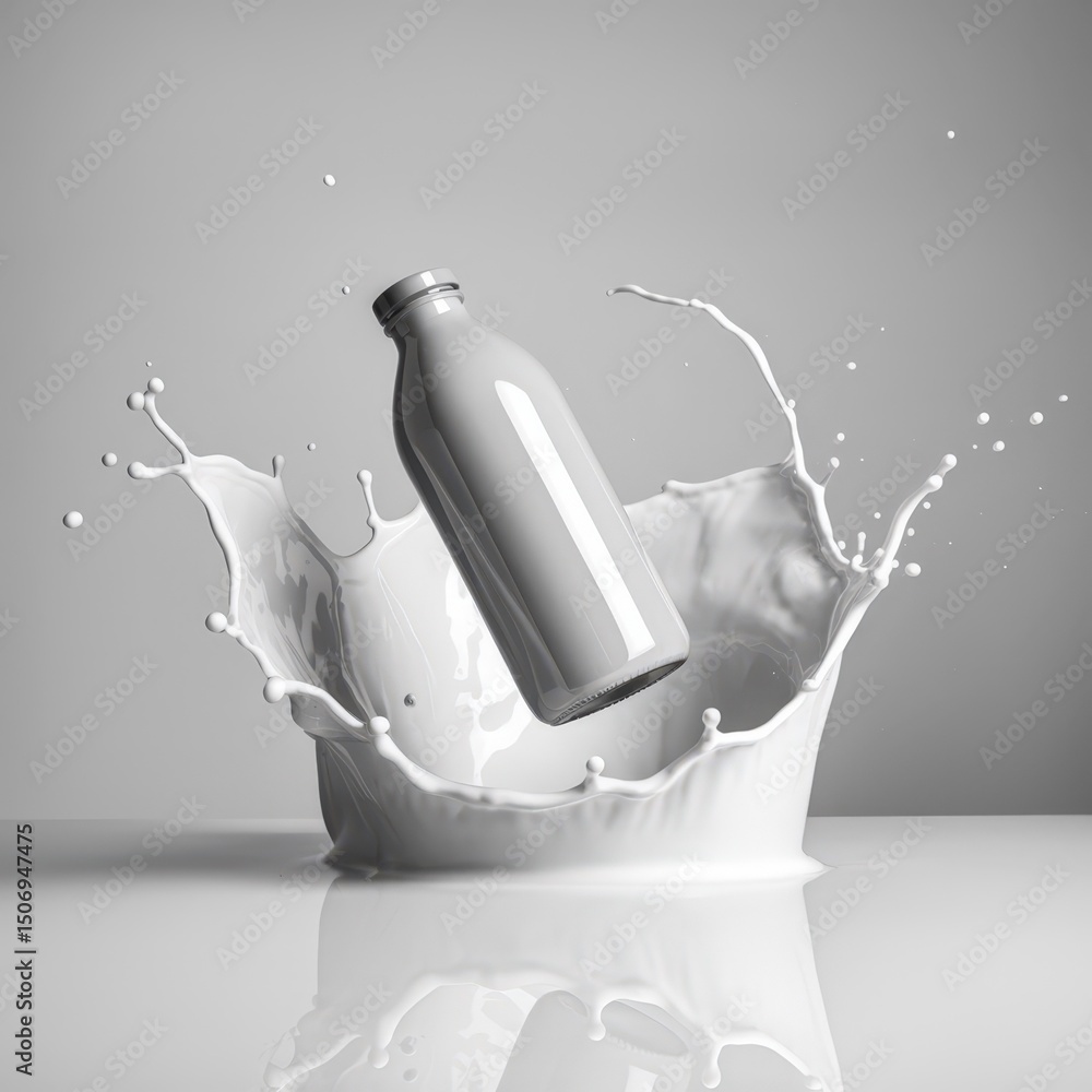 Aufkleber glass bottle of milk splashing into a pool of milk on a reflective surface, creating dynamic liquid 
