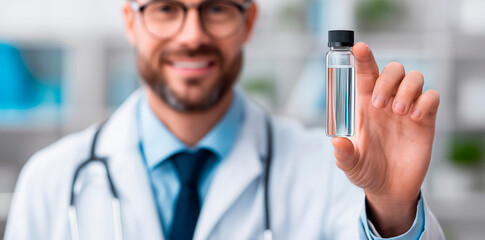 Smiling male doctor holding medical vial in laboratory