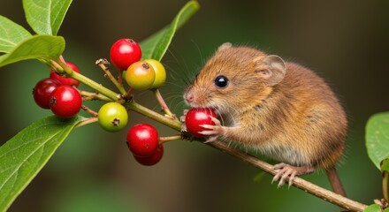 Mouse Eating Red Berry on Branch
