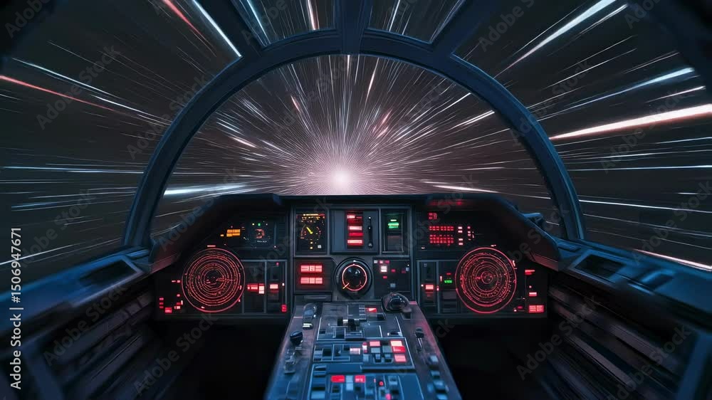 Poster futuristic spaceship cockpit navigating hyperspace tunnel with vibrant color shifts, depicting high 