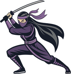 Vector Illustration of Female Ninja in Action Pose with Katana