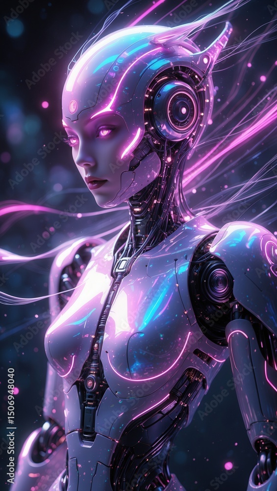 Poster futuristic humanoid robot with glowing neon lights and cybernetic design in a sci-fi setting