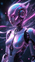 Futuristic humanoid robot with glowing neon lights and cybernetic design in a sci-fi setting
