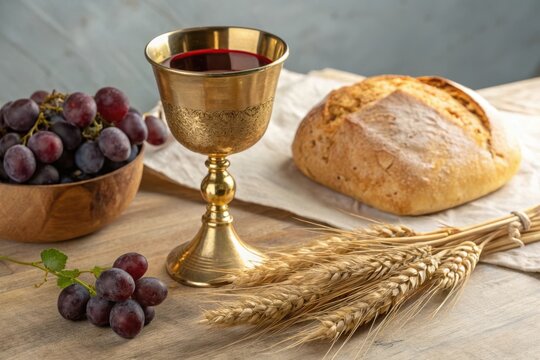 Holy communion bread wine grapes and wheat