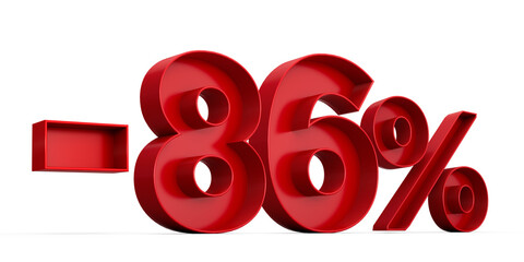 Red number -86% or Minus Eighty Six Percentage isolated on white background with shadow. 3d illustration