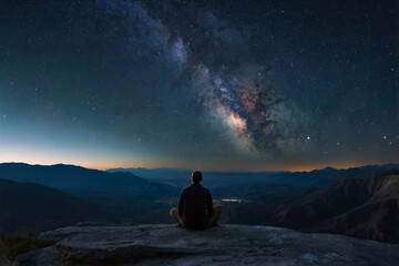 A person sitting on a rock ledge overlooking vast mountain ranges under a starry night sky, Milky Way visible, no technology, complete solitude, spiritual stillness