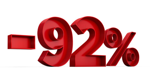 Red number -92% or Minus Ninety Two Percentage isolated on white background with shadow. 3d illustration