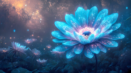 Obraz premium Surreal Glowing Bioluminescent Flower with Radiant Petals in a Dark Enchanted Forest Fantasy Setting