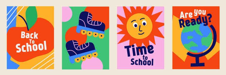 Set of Back to school cards. Simple flat style education icons, symbols, doodles on colorful background. Art collage, papers, hand drawn fun design elements. Bright colorful school subjects concept.