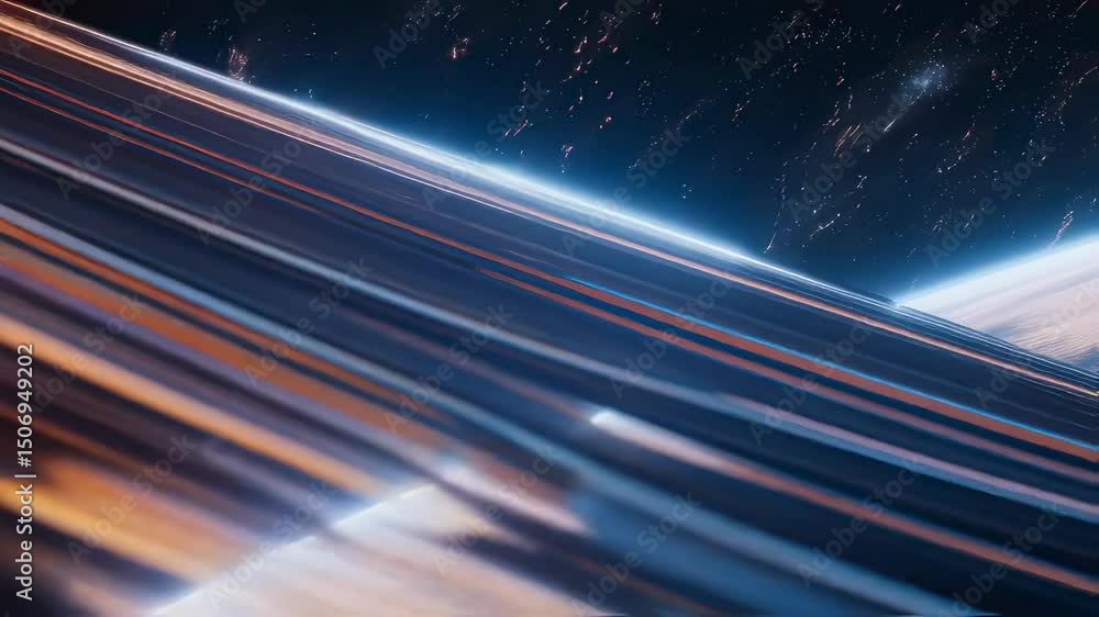 Poster multiple glowing rings orbit a planet in deep space, creating a mesmerizing cosmic ballet of light a