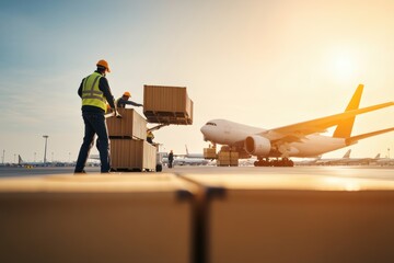 Efficient ground crew in safety vests and helmets loading cargo containers and boxes onto cargo plane at international airport under sunny sky with planes in background. Idea air freight logistics.