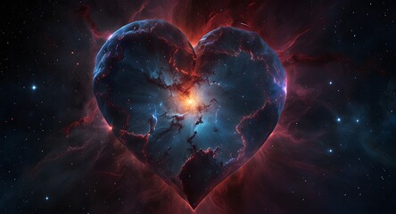 A glowing heart-shaped nebula in a cosmic space, emitting radiant energy waves against a backdrop of stars.  