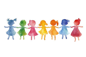 Diverse children silhouettes in colorful watercolor art