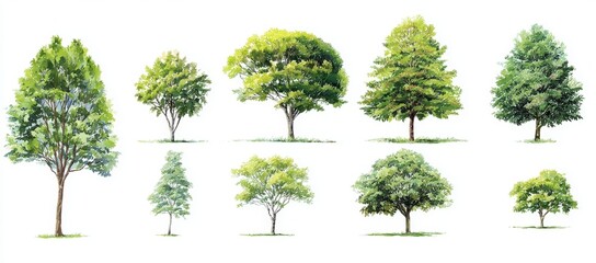 Eight different types of green trees are illustrated against a white background, showcasing various shapes and sizes.
