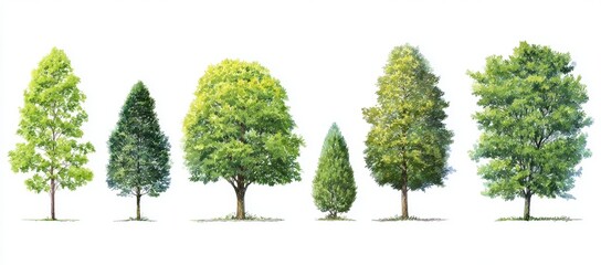Fototapeta premium Eight different types of green trees are illustrated against a white background, showcasing various shapes and sizes.