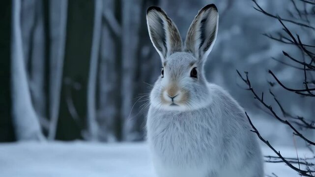 Full frame of white hare sitting in the snow in the forest in the winter looking directly at the camera