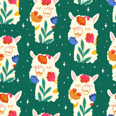 Fantastical floral llama. Seamless pattern with llamas. Cute fairytale llama characters. Child-like and gentle llamas. Lovely pattern. Vector pattern. Pattern for print design, gift decoration