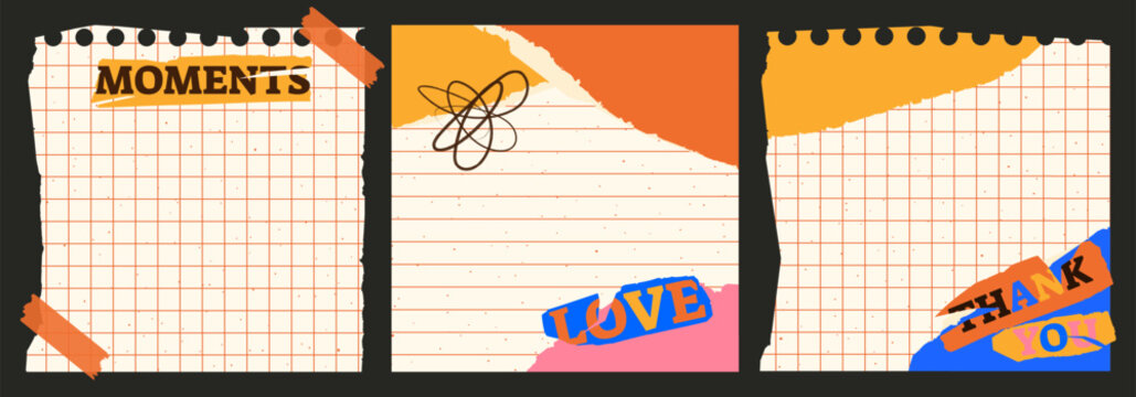 Set of square-shaped notes with a torn paper effect. Magazine cutout style. Modern note designs with stickers and text. Bright frames for photos, social media, or daily journaling. Doodles, love