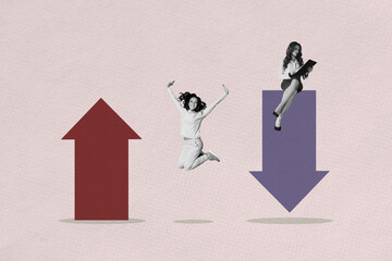Trend art collage of people stand near two arrows go up down on pink background