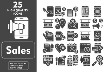 Sales Glyph Icon Set. Incleded Icons Digital Signature, Promotion, Discount, Payment, Sales, Wishlist, Money Transaction, Advertisement. Vector Icons Collection