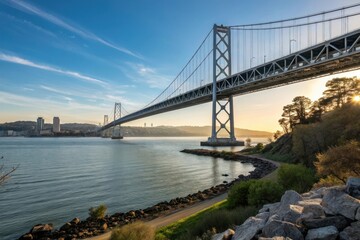 Richmond san rafael bridge at sunset over the bay