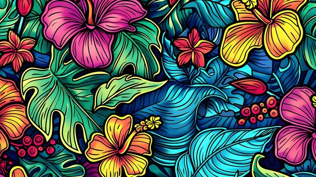 Hawaiian themed whimsical pattern for coloring book page featuring tropical elements and aloha spirit

