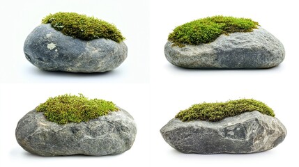 Four gray stones, each topped with a patch of green moss, arranged in a grid pattern against a white background