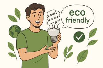 Eco friendly man holding energy efficient lightbulb speech bubble green sustainable lifestyle. Environmental protection awareness climate change solution earth day conservation ecology vector