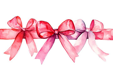 Watercolor ribbon bows collection in red and pink hues on white background